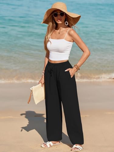 HAPYWER Leinenhose Damen Weites Bein Sommerhose Leichte Freizeithose Lang Stoffhose High Waist mit Gummizug Palazzo Strandhose mit Taschen(Schwarz,L)