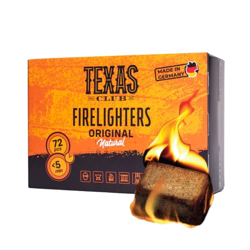 TEXAS CLUB - Accendifuoco Ecologico per Barbecue, Caminetti, Stufe, Affumicatori e Griglie, Legno Imbevuto di Cera Naturale, Inodore, Accensione Rapida, 72 Pezzi