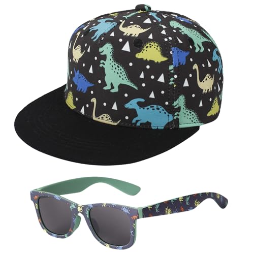EDLMKM Kids Dinosaur Baseball Cap Sunglasses Set, Infant Summer Sun Hat, Cute Dinosaur Toddler Boy Sun Hats Summer Kids Trucker Cap 3-8 Years Black