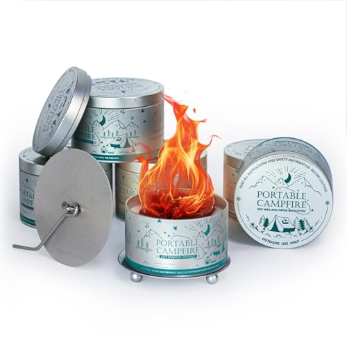 Portable Campfire, Holder and Extinguish Included, Reusable Fire Pit for Camping, Smores, Picnics - Made with Recycled Soy Wax Up to 3-5 Hours Burn Time - Tabletop Fireplace, Emergency Heat - 6 Pack