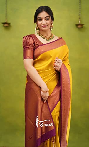 Image of Flosive Women's Present Banarasi Soft Lichi Silk Saree Beautiful Jacquard Rich Pallu Design Work Zari Woven Kanjivaram Silk Style Saree With Soft Lichi Silk Blouse Piece Ayn Royal Mix (Yellow).