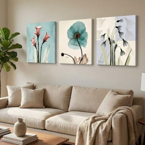 MIKEART 絵画 アートパネル インテリア おしゃれ 北欧 葉 花 植物 軽量 壁掛け 風水 玄関 寝室 部屋 廊下 モダン リビング トイレ ホテル プレゼント ギフト 病院 学校 店舗 開店 開運 額不要 金具付き 留め具付き 取り付け簡単 3枚セット (M, E)