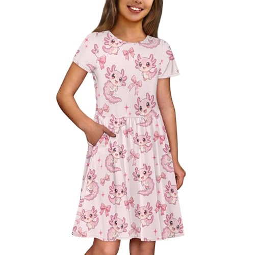 Image of Girls Dress with Pockets Basic Short Sleeve High Waist Swing Skater Dress School Party Dress for Kids