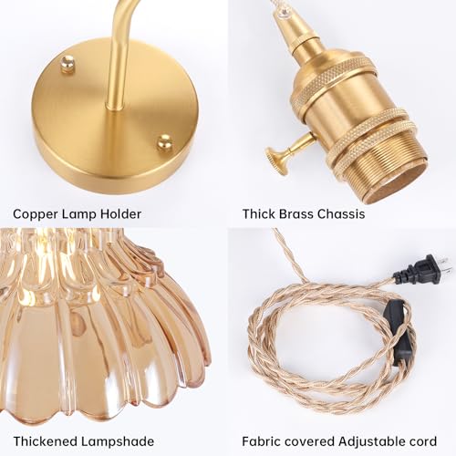 Image of Shenmoyl Vintage Plug in wall sconces Set of 2, 4.9FT Corded Wall Lamps with Amber Lily of The Glass Shade Hanging, sconces wall Decor for Bedroom Living Room Hallway Doorway