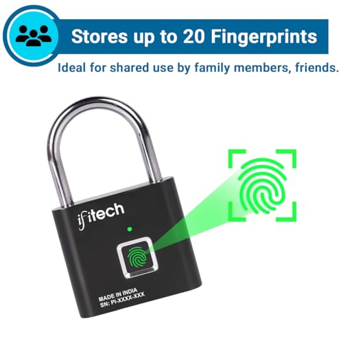 Image of IFITech Smart Fingerprint Padlock, Biometric Keyless Lock with 20 Fingerprint Storage, Rechargeable | Ideal for Personal Spaces and Travel Needs (Small - Black).