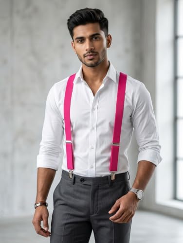 Image of BookMyCostume Pink Suspenders for Kids & Adults|Adjustable Elastic Y-Back Belt for Fancy Dress Costumes,Theme Parties,Dance Costume,School Functions & Stage Shows|Unisex Clip-on Suspenders Accessory