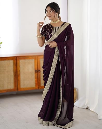 Image of SIRIL Women's Chiffon Sequence Embroidery Lace Saree with Unstitched Blouse Piece