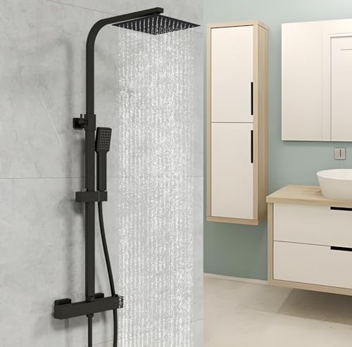 Biubiubath - Sistema de columna de ducha termostática con mezclador termostático, ducha de mano cuadrada y ducha con cabezal, columna de ducha ajustable en altura, mueble de baño (cuadrado 1)