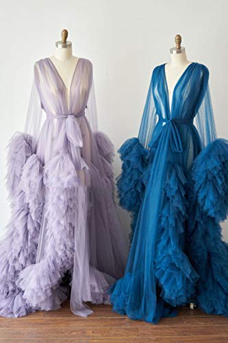 Image of BATHGOWN Sexy Illusion Long Lingerie Tulle Robe Nightgown Bathrobe Sleepwear Bridal Robe Wedding Scarf