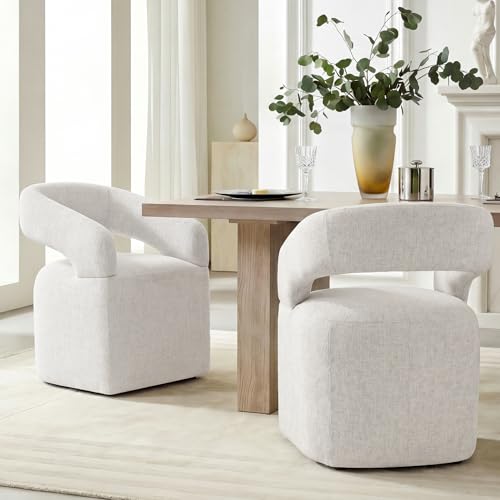 Image of KISLOT Upholstered Dining Chairs Set of 2, Modern Arm Kitchen & Dining Room Chairs with Hidden Casters, Linen Fabric Padded Rolling Chairs, Sturdy Wood Frame, 300 lbs Capacity, Beige