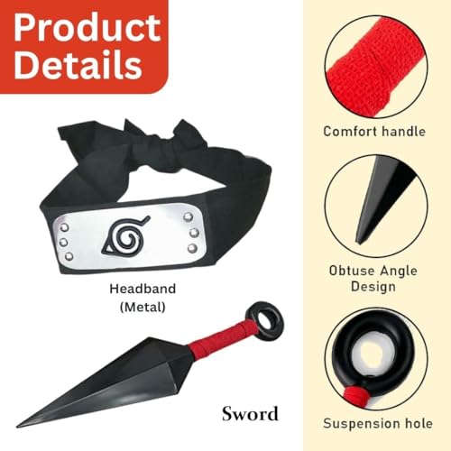 Image of WANNA PARTY Party Cosplay Props Ninja Tie Back Headband & Kunai Weapon Prop Metal Engraved Icon Headband and Kunai Prop for Anime Theme Party Dressing-up Accessories Props