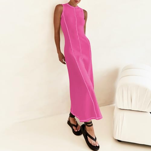 Image of AGYMNX Women's Sleeveless T Shirt Dress Ribbed Knit Long Tank Dress Summer Y2K Maxi Dresses