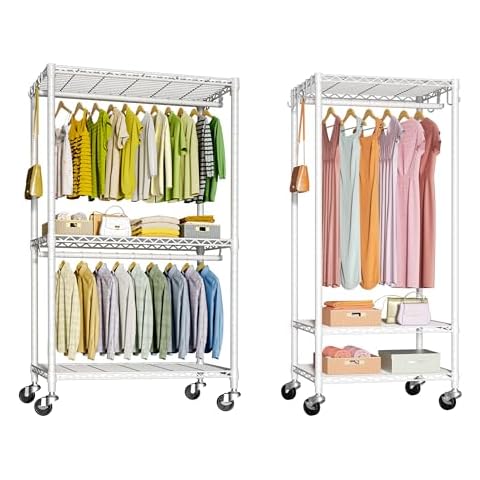 FUTASSI P3 & P6 Mini Rolling Clothes Rack White Bundle, Clothing Racks for Hanging Clothes, Freestanding Garment Rack with Wheels Cover