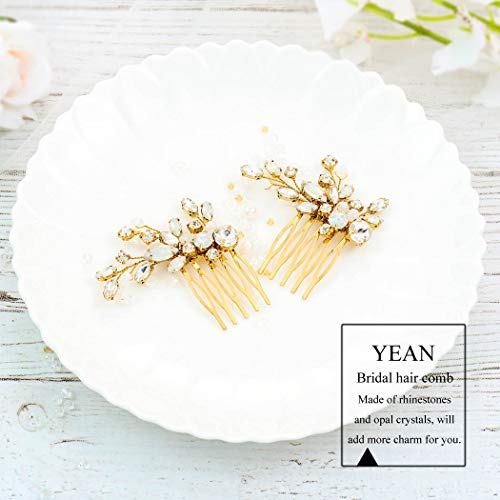 Yean Crystal Bridal Hair Comb Opal Rhinestone Wedding Hair Piece Gold Hair Accessories For Women And Girls (2 Pcs) (Gold) #TOP2