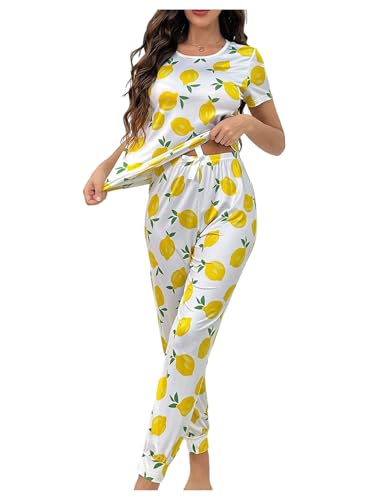 SweatyRocks Women's Lemon Print Pajama Sets Two Piece Sleepwear Short Sleeve Top and Pants White Large