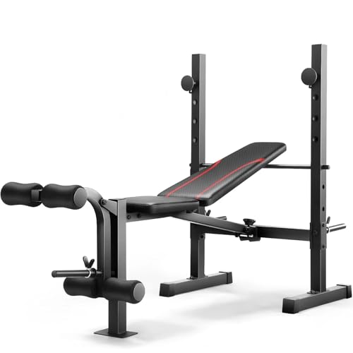Foldable Weight Bench Press with Leg Extension and Leg Curl, Adjustable Workout Bench Set with Squat Rack, Olympic Weight Bench for Home Gym Full-Body Strength Training