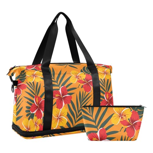 Bolsa de viaje de flores hawaianas con bolsillo húmedo aislante y compacto