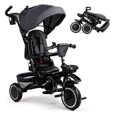 TODEFULL Folding Kids Tricycle, 8 in 1 Baby Trike W/Removable & Adjustable Canopy, Parent Handle, 5-Piont Safety Harness, Toddler Bike Stroller for Kids 1-6 Years, EVA Wheels, Storage Basket, Grey Cover