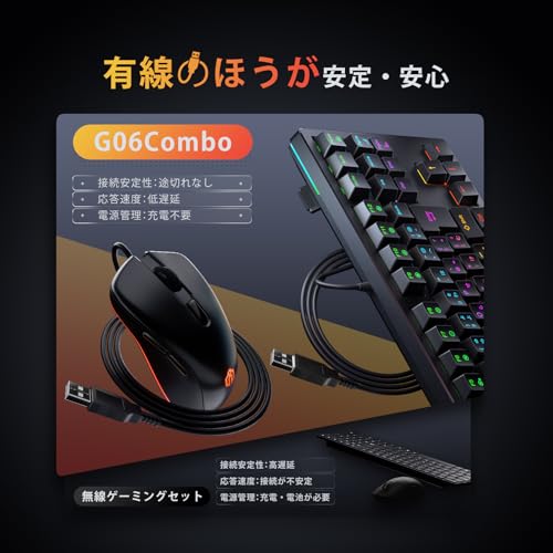 iClever ゲーミング キーボード マウスセット 有線 マクロ対応 カスタマイズ 24種類バックライト 赤軸 キーボード メカニカル テンキーレス 日本語配列 91キー 80%サイズ マウス6段階DPI ゲーム/オフィス用 Windows対応 G06Combo (ブラック)
