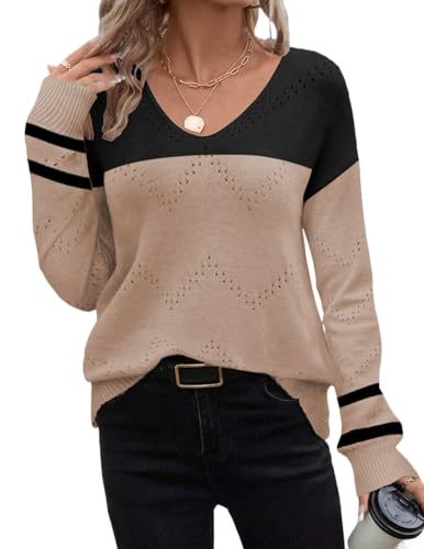 Zeagoo Womens Sweaters Fall Trendy Casual Long Sleeve Shirt Lightweight V Neck Off Shoulder Crochet Pullover Top Outfit