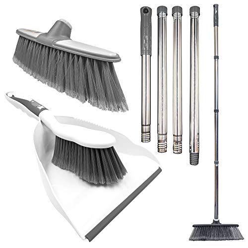 Sweeping Broom Indoor with Matching Dustpan and Brush Sets, Household Cleaning Set that Includes a Sweeping Brush Indoor, Soft Broom and Dustpan Set (Grey)