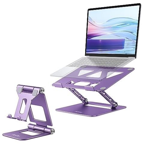 Aoviho Adjustable Cell Phone Stand Holder Bundle with Adjustable Desk Laptop Stand Holder （ Purple） Cover