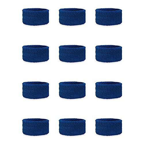 Couver Kids 1-Inch Slim Sweatbands 12 Pieces Bulk Pack - Blue Cotton Terry Cloth Wristband for School, Church, YMCA Activities or evens