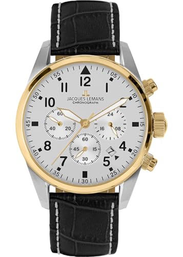 JACQUES LEMANS �����Y �r���v �X�|�[�c �N���m�O���t 42mm 10 ATM ���U�[�X�g���b�v�܂��̓��^���X�g���b�v�t�� 42-2, �V���o�[/���U�[�X�g���b�v�B, �X�g���b�v