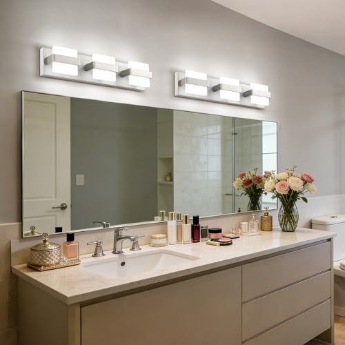 Image of SOLFART Brushed-Nickel Bathroom Vanity Light Fixtures Over Mirror,3 Lights Bath Lighting Restroom Light Modern LED Vanity Lights for Bathroom Bath Lights