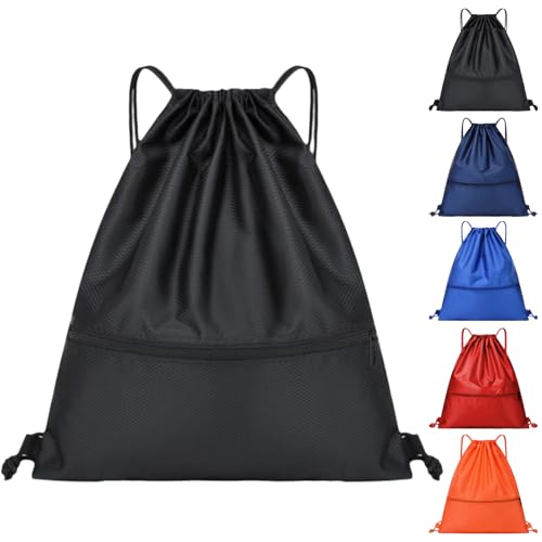 Arae Drawstring Backpack Bag with Front Pocket Waterproof Oxford Cloth, Lightweight Gym Sack for Sports and Travel (Black, Small)