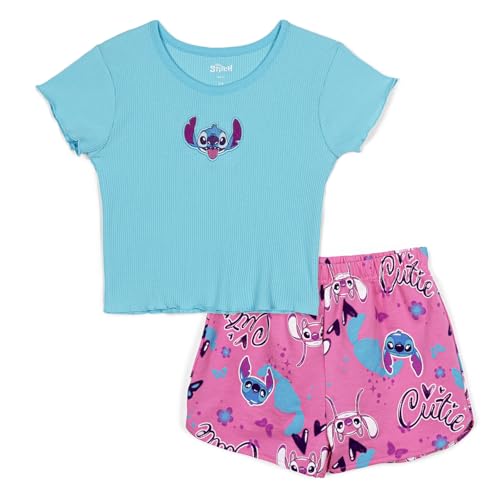Disney Lilo & Stitch Big Girls Ribbed T-Shirt and French Terry Shorts Outfit Set Blue/Pink Stitch 10-12 - image 1