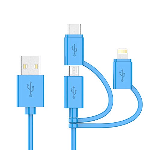 Apple MFI Certified 3-in-1 Cable, Lightning/Type C/Micro USB Cable for iPhone, iPad, Huawei, HTC, LG, Samsung Galaxy, Sony Xperia, Android Smartphones, iPad Pro 2018 and More 3 in 1 Blue(6FT)