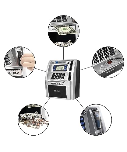 Kids Talking ATM Piggy Bank with Debit Cards, Power-Off Memory, Auto-Opening Drawer for Real Money for Boys, Onekey Shutdown, Bill Feeder, Coin Recognition, Balance Calculator Machine