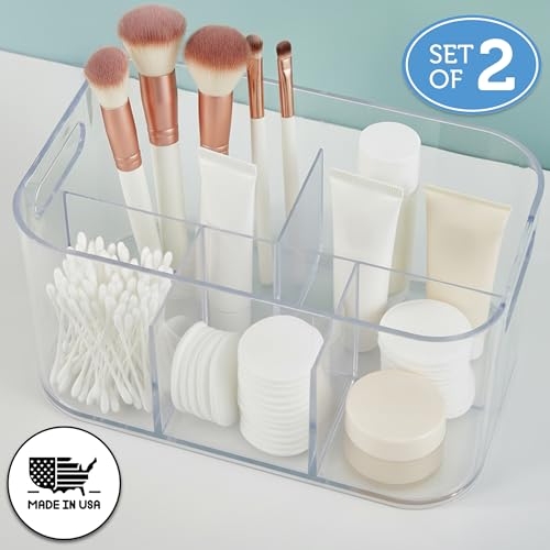 Image of STORi Bliss 5-Compartment Plastic Cosmetics Storage Organizer, Set of 2 | Clear | Rectangular Divided Makeup Bin & Vanity Caddy with Pass-Through Handles | Round Corner Design | Made in USA