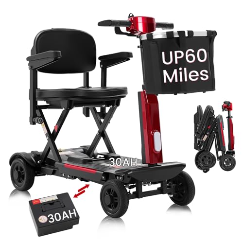 MS02-F 12-60Miles 4 Wheels Foldable Mobility Scooter for Adults&Seniors, 46Lbs Lightweight & 350W Powered Electric Folding Wheelchair, Removable Battery Compact & Convenient for Travel Red D