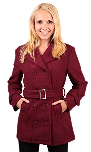 Woodland Supply Co. Women's Double Breasted Belted Wool Pea Coat (X-Large, Wine)