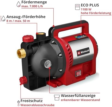 Bild 1 - Einhell Gartenpumpe GC-GP 1170 ECO PLUS (max. 7000 L/h Fördermenge, max. 50 m Förderhöhe, ECO PLUS Technologie, Wasserablassschraube, inkl. Universaladapter 33,3 mm)