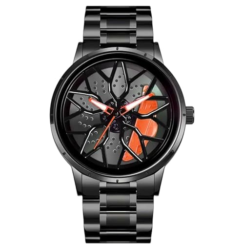 PAPIO® Luxury Men's Wristwatch with Rotating Dial, Black Stainless Steel Band, Unique Design (MN_251_Orange)