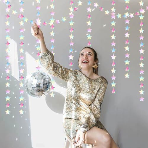 Image of Iridescent Disco-Holographic Party-Decorations Christmas Garland - 62ft Twinkle Little Star Streamers Hanging Banner,Wedding Birthday Bachelorette Baby Bridal Shower Decor Hugtmr