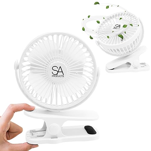SA Products Clip On Fan, Desk Fan, Stroller Fan 3 Speeds | Desk Fan USB, Small Fan Portable Fan with 360° Rotation Cooling fan | 3000 mAh Battery Fan Pram Fan Clip On | USB Fan Baby Fan for Pram White
