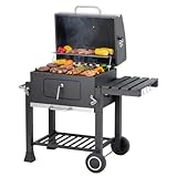Tarrington House Barbecue au Charbon de Bois Memphis, Acier, Couvercle avec Thermomètre, Tablette latérale Pliable, Bac à Cendres, Étagère inférieure, 2 Roulettes, Gris