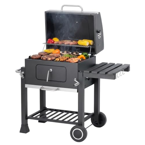 Tarrington House Barbecue au Charbon de Bois Memphis, Acier, Couvercle avec Thermomètre, Tablette latérale Pliable, Bac à Cendres, Étagère inférieure, 2 Roulettes,...
