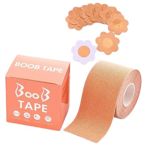 Boob Tape with 10 Nipple Covers | Double-Sided Breast Lift Body Tape for Women | Strong Adhesive Support for Strapless, Backless & Deep Neck Dresses Beige-image-46