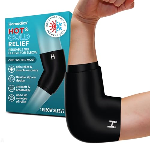 HoMedics Hot and Cold Relief Gel Elbow Sleeve, Heat or Ice Therapy for Sore Elbows and Joints, Soft-Touch Stretch Fabric, Contoured Hydrogel Design for Comfort and Relaxation