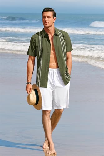 Image of Runcati Mens Short Sleeve Guayabera Shirts Linen Cotton Button Down Mexican Embroidered Cuban Wedding Shirt Summer Beach Tops
