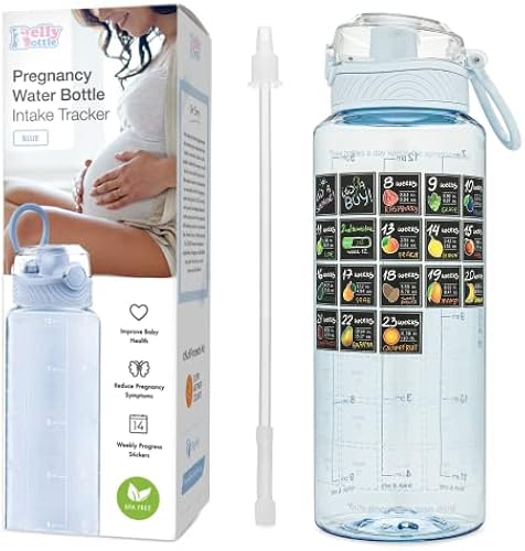 BellyBottle Pregnancy Water Bottle Tracker – Pregnancy Must Haves – Pregnancy Gifts for Expecting Mom – Pregnancy Essentials Nausea Relief – Weekly Stickers + Straw + BPA Free – Blue