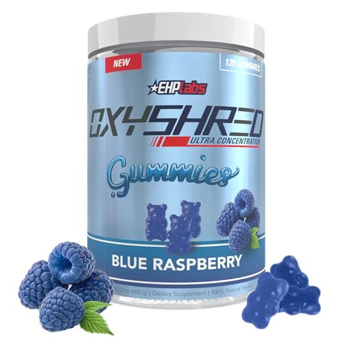 Image of EHP Labs OxyShred Gummies - Pre Workout Gummies & Energy Chews with 100mg Caffeine, L-Carnitine for Thermo & Metabolic Support, All Natural Energy Boost - Blue Raspberry - 60 Servings
