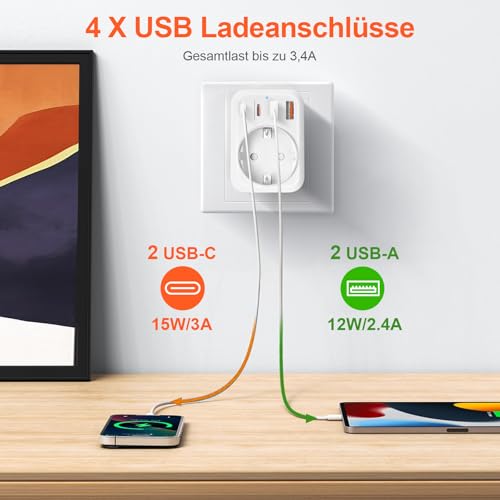 Denlane Adapter Australien, 5 in 1 Reiseadapter Australien mit 1 AC & 2 USB-C & 2 USB-A(3.4A), Adapter China Neuseeland Deutschland Stecker, Adapter Argentinien Fidschi, Reisestecker Typ I