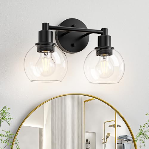 Image of 2 Light Bathroom Light Fixtures Black Vanity Lights, Farmhouse Bathroom Vanity Lights 2-Light Matte Black Globe Bathroom Vanity Lighting Fixture Over Mirror