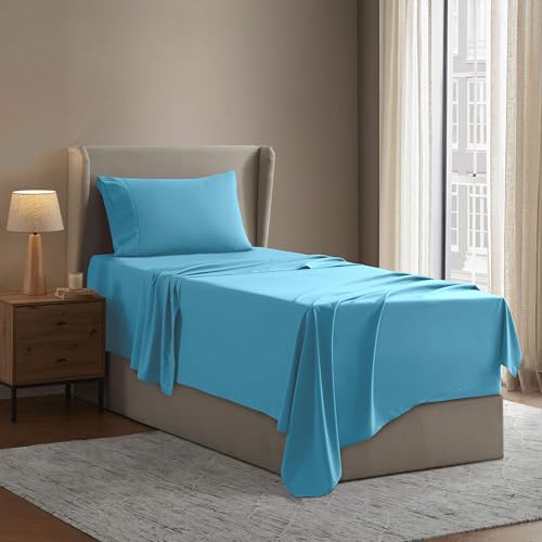 Image of Nestl Twin Bed Sheet Set - Bright Blue - 3-Piece Deep Pocket | Instantly Soft, Night-One Ready (No Wash Required). Fits 16-Inch Deep Pockets, 360-Degree Elastic Grip